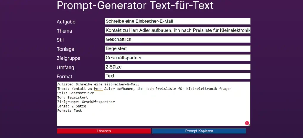 Prompt-Generator Text zu Text Beispiel 1