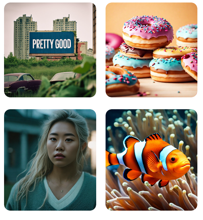 Stable Diffusion XL (SDXL) Beispielbilder. Hochauflösend und realistisch. Auf den Bildern sind zu sehen: Eine Stadtkulisse mit einem Schild und der Aufschrift "Pretty Good"; bunte Donuts, eine blonde Frau, ein Clownfisch.