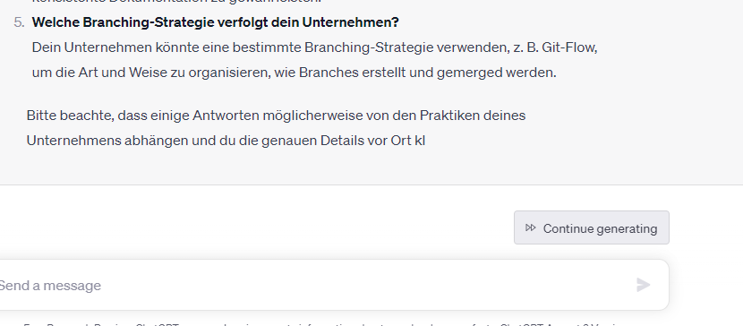 ChatGPT bietet mit Continue generating eine nützende Funktion. um abgebrochene Ausgaben erneut aufzunehmen.