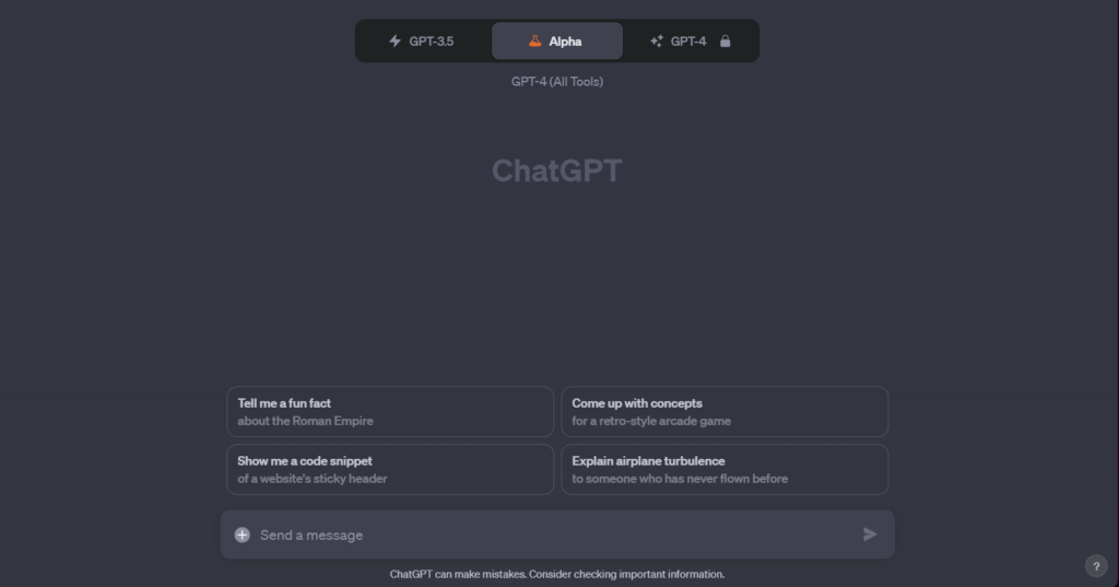 Das Bild zeigt das User-Interface von ChatGPT. Neben GPT-3.5 und GPT-4 für Premium-Nutzer, befindet sich ein dritter Eintrag: GPT-4 Alpha (All Tools). Der Alpha-Modus erlaubt die Nutzung von GPT-4 für alle!