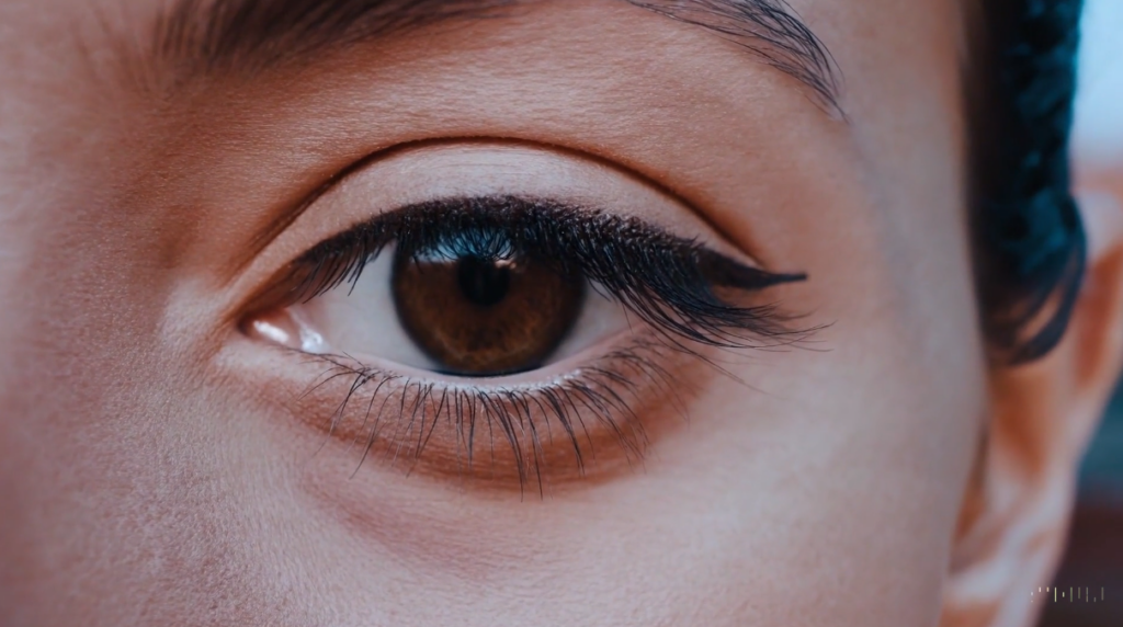 Bild zeigt ein Auge einer generioerten Frau, durch das Sprachmodell Sora von OpenAI, welches ein Text-zu-Video-Generator ist.
